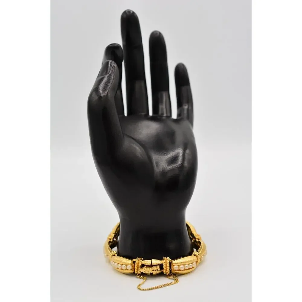 Vintage Linked Bracelet Brushed Gold Tone Pearl Inlay Chunky Heavy 1980s Bin5